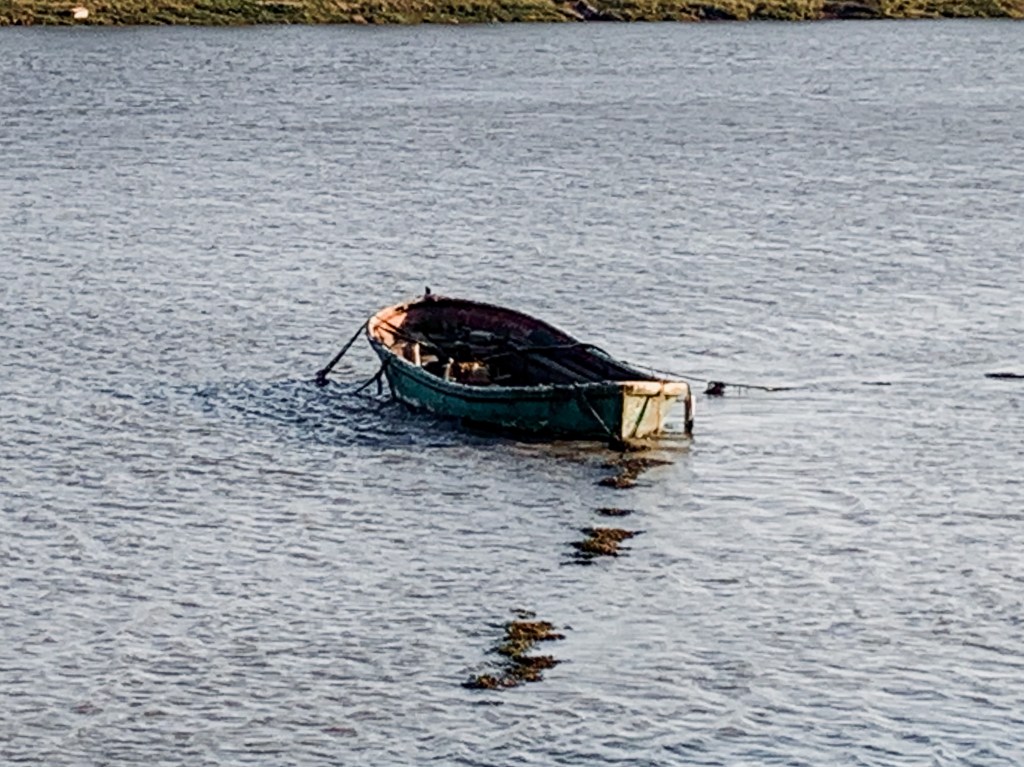 Small green rowboat, weathered and tied to a line of rope, floating alone in a wide river with distant shoreline in soft light.